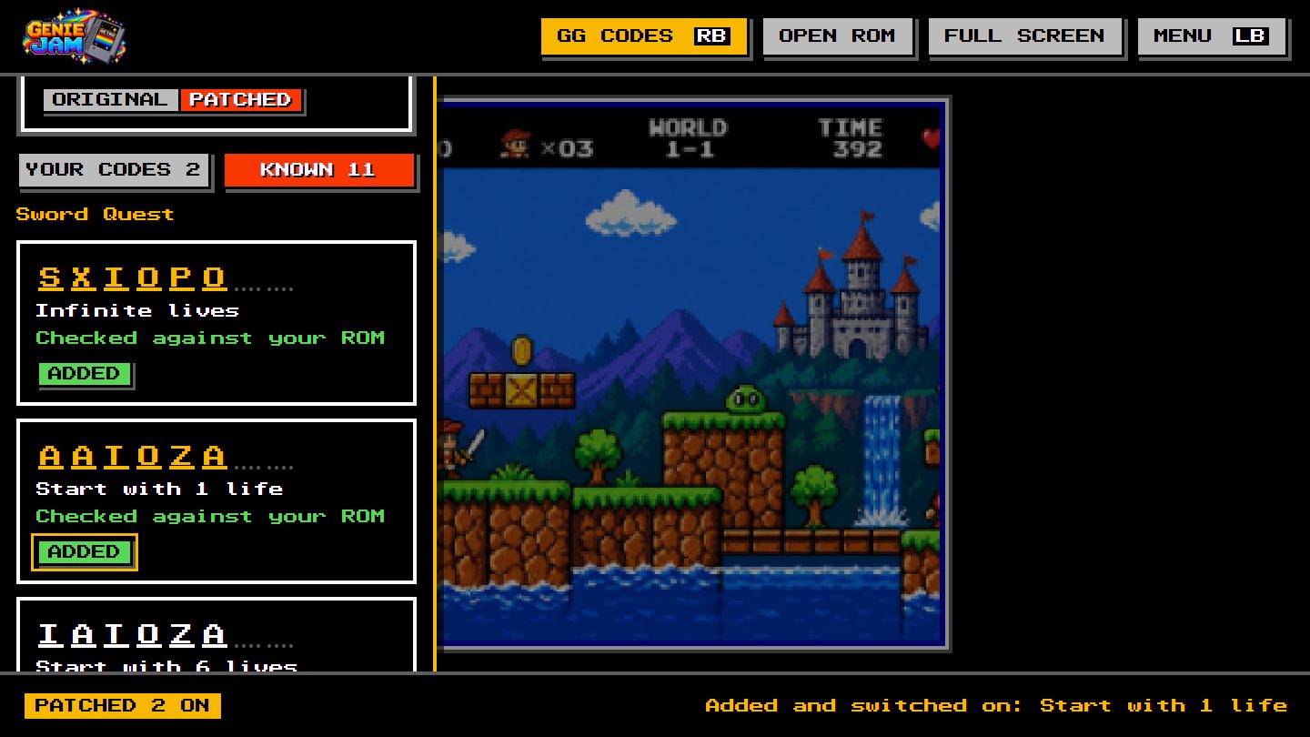 The GG codes panel open beside a game, listing known codes with ADD buttons